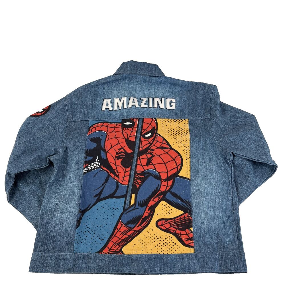 New Boys Amazing Spider-Man Marvel Button Up Denim Jacket Sz 12 NWT Jean Blue